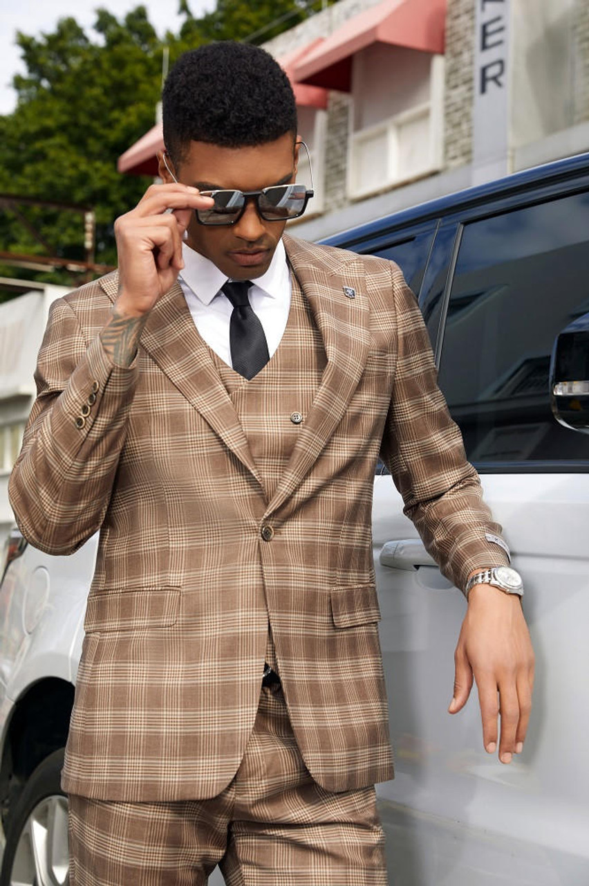Stacy Adams Mens Plaid Suit Brown Modern Fit SM150H1-05