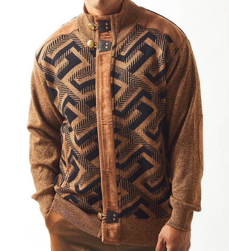 Silversilk Mens Brown Zipper Front Sweater Geo Pattern 61006
