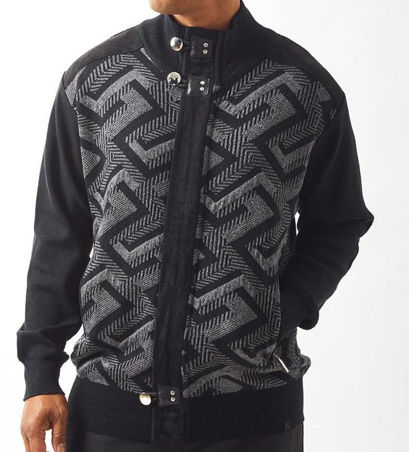 Silversilk Mens Black Zipper Front Sweater Geo Pattern 61006