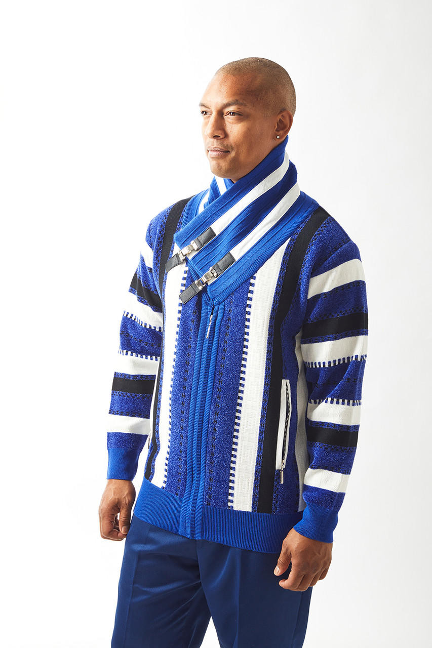 Silversilk Mens Blue Stripe Zip-up Sweater Wrap Neck 61028