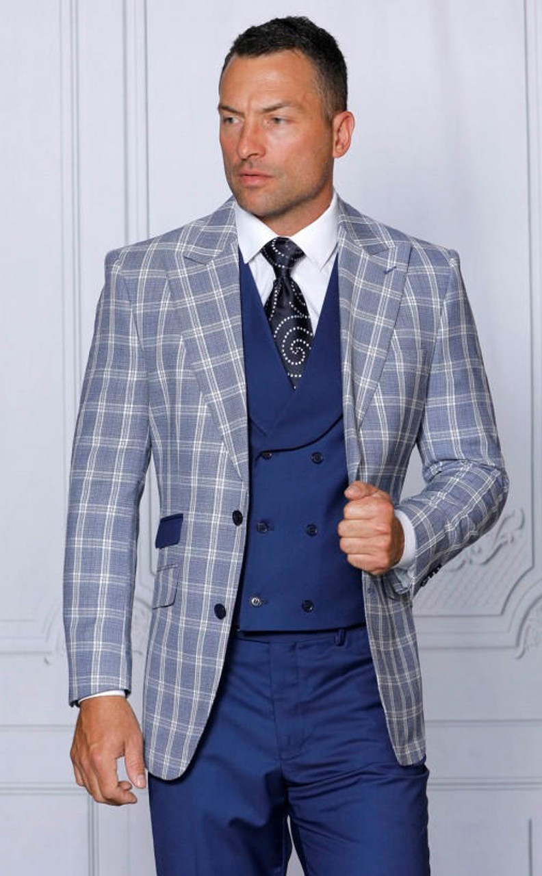 Manzini Mens Fancy Compose 3 Pc. Blue Plaid Modern Fit Suit Paris-1