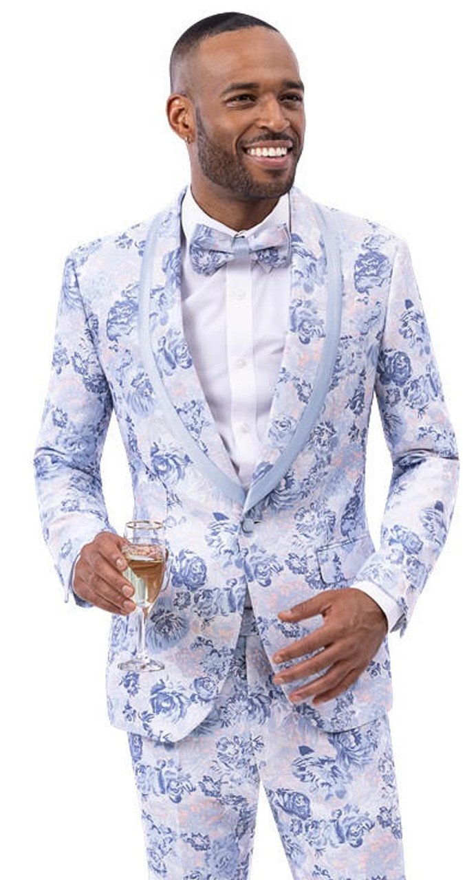 Floral Printed Men's 3 Pieces Suit Slim Fit Wedding Peak Lapel Jacket Vest  Pants Set Prom Party Business Luxury Blue Men Tuxedos - AliExpress