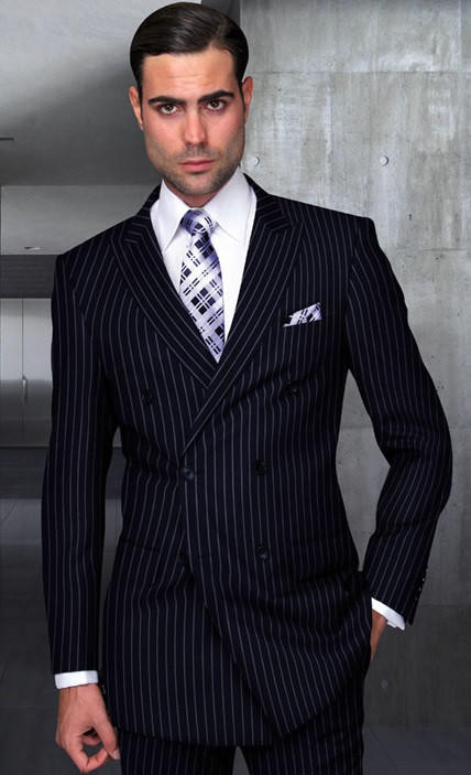 Statement Mens Double Breasted Navy Wool Pinstripe Suit DB-Zarelli