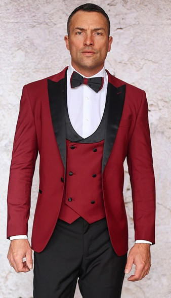Insomnia Fitted Stretch Tuxedo Vest Bow Tie Set Burgundy Rome