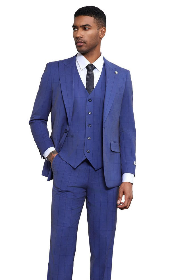 Stacy Adams Men's Muted Windowpane Suit Piece Blue SM186H-03