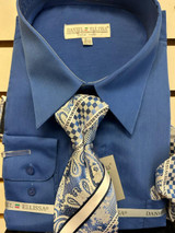  Men's Royal Blue Dress Shirt with Patterned Tie and Hanky Set D1P2 Size 18.5 34/35  Final Sale 