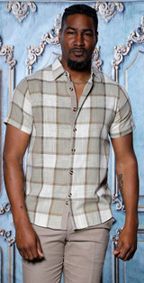  Manzini Mens Windowpane Tan Plaid Pattern  Linen 2 Pc. Tailored Fit Outfit MZL-300 