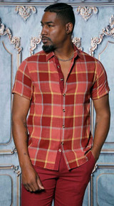  Manzini Mens Windowpane Pattern Ruby Red Linen 2 Pc. Tailored Fit Outfit MZL-300 