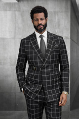  Statement Men's Windowpane Black Wool Modern Fit Suit Altare 