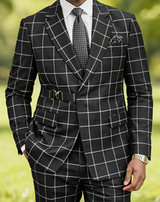 Statement Men's Windowpane Black Wool Modern Fit Suit Altare