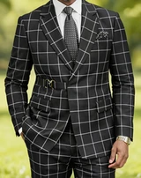  Statement Men's Windowpane Black Wool Modern Fit Suit Altare 