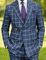  Statement Men's Windowpane Steel Blue Designer Tailored Fit Suit Altare 