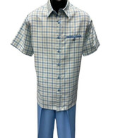  Dreams Mens Powder Blue/ Off White Plaid Pattern 2 pc.Short Sleeved Summer Set Chico 283-21 