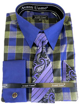  Mens French Cuff Shirt Tie Set Purple Checker Pattern Avanti DN93M 