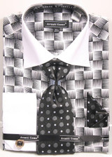  Avanti Uomo Mens Dress Shirt Tie Hankie Set Black Square Pattern DN79M 