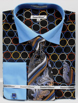  Daniel Ellissa Black Blue Circles French Cuff Shirt Tie Hanky DS3784P2 