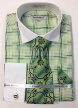  Daniel Ellissa Green Gingham Plaid Shirt Tie Set French Cuffs DS3774P2 