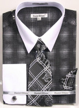  Daniel Ellissa Big Size Dress Shirt Tie Set Black Geo Pattern DS3796 