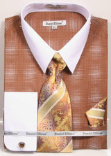  Daniel Ellissa Big Size Dress Shirt Tie Set Brown Geo Pattern DS3796 