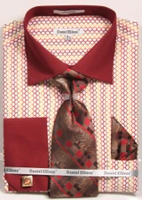  Daniel Ellissa Mens Burgundy Link Pattern French Cuff Dress Shirt Tie Set DS3794P2 