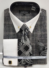  Men's Black Square Plaid Collar Bar Shirt Flip Cuffs Matching Tie Set DN135M 
