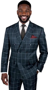 Vinci Double Breasted Checkered Suit Windowpane Black Modern Fit Vinci MDW-1 