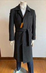  Overcoat - Falcone Men's Black Full Length Wool Belted Topcoat Long Coat Aero 4150-000 IS 