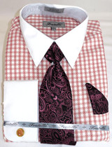 French Cuff Shirt Tie Set Men's Pink Gingham Plaid FRV4151P22 