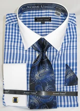  French Cuff Shirt Tie Set Mens Blue Gingham Pattern Avanti DN81M 
