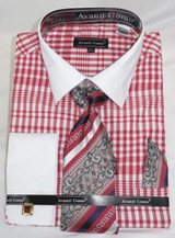  French Cuff Shirt Tie Set Mens Red Gingham Fabric Avanti DN81M 