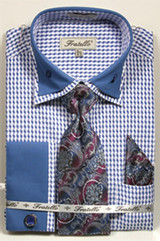  Fratello Men's Blue Hounds Tooth French Cuff Tie Hankie Set FRV4136P2 