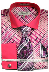  Fratello Mens French Cuff Dress Shirts Tie Set Fuchsia Pattern FRV4134P2 