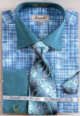 Fratello Turquoise Etch Plaid French Cuff Shirt Tie Set FRV4129P2 
