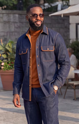 Inserch Mens Blue Denim Suede Trim Shirt and Pants Set SE005