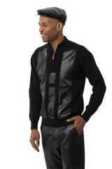 Montique Men's Black Sweater with Vegan Leather Pants SW104