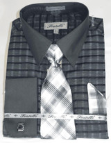  French Cuff Shirt and Tie Set Black Plaid FRV4154 