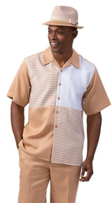  Montique Men's Short Sleeve Walking Suit Tan White Block 2082 Size L 
