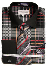  DE Mens French Cuffed Dress Shirts Black Plaid Pattern Tie Set DS3785P2 