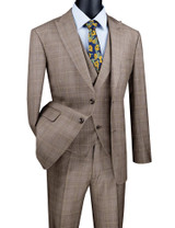 Men's Plaid Suit with Vest Tan Vested 3 Piece  Vinci MV2W-1 