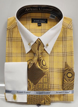 Mens Mustard Square Plaid Collar Bar Shirt Flip Cuffs Matching Tie Set DN135M