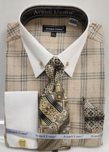  Mens Beige Square Plaid Collar Bar Shirt Flip Cuffs Matching Tie Set DN135M 