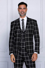  Manzini Mens  Plaid Suit Fancy Vest Jet Black Checker 3 Pc. Oxford 