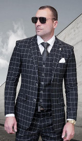  Mens Statement Windowpane Black Modern Fit 3 Piece Suit  Pomelo 