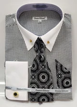  DE Mens Black Houndstooth Collar bar Shirt French Cuff Tie with Handkerchief Combo DS3835P2 