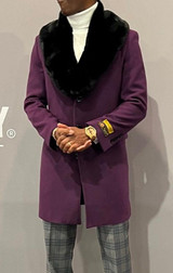  Mens Purple Fur Collar Wool Car Coat Overcoat Car-Coat Alberto IS 