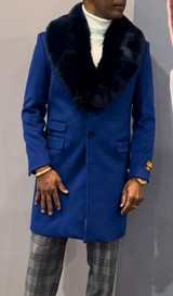  Mens Royal Blue Fur Collar Wool Car Coat Overcoat Car-Coat Alberto IS 