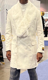  Mens Fur Collar Double Breasted Wool Car Coat White Manhattan Alberto IS 