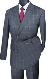 Double Breasted Windowpane Suit Gray Checkered Modern Fit Vinci MDW-1