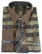  Mens French Cuff Shirt Tie Set Brown Checker Pattern Avanti DN93M 