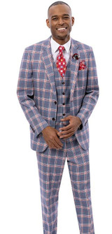 EJ Samuel EJ Men's Gray Red Plaid 3 Piece Modern Fit Suit EJ Samuels M2811 